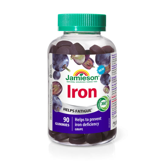 Jamieson Iron Gummies Grape Flavour, 90 Gummies, Supports Overall Health, Helps with Fatigue, Prevents Deficiency and Anemia. Vegetarian, Non-GMO, No Artificial Colours, Flavours or Preservatives