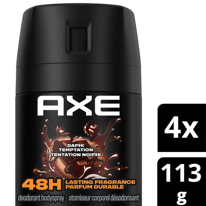 AXE Dark Temptation Deodorant Body Spray for 48-Hour odour protection, Dark Chocolate Aluminum-free Deodorant, 113g (Pack of 4) - Available at All In One Marketplace Canada