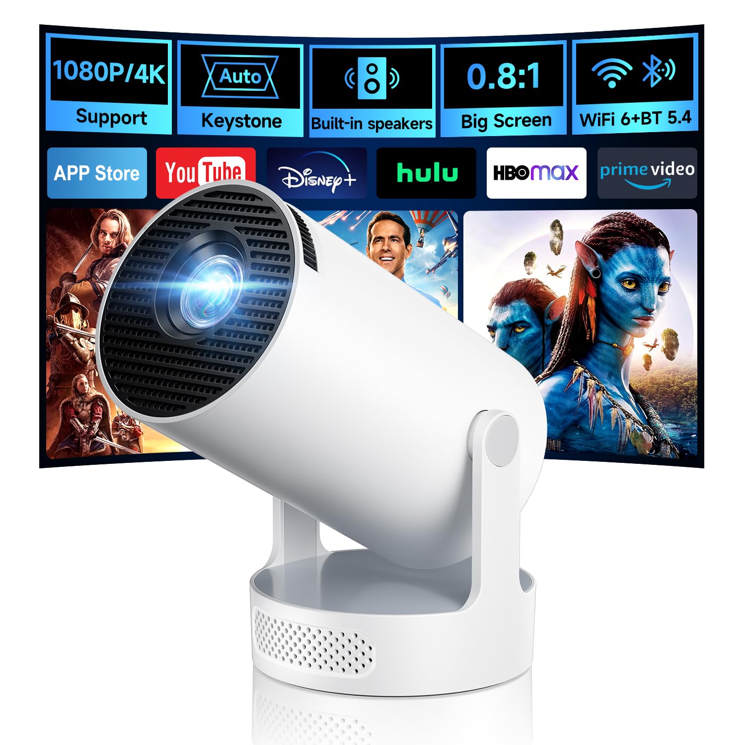 Kimwood Projector with Upgraded HiFi Speaker, [Built-in Apps] 1080P Mini Portable Projector Lower Noise Auto Keystone WiFi 6 Bluetooth 5.4 Ultra Short Throw Projectors Big Screen in Small Room