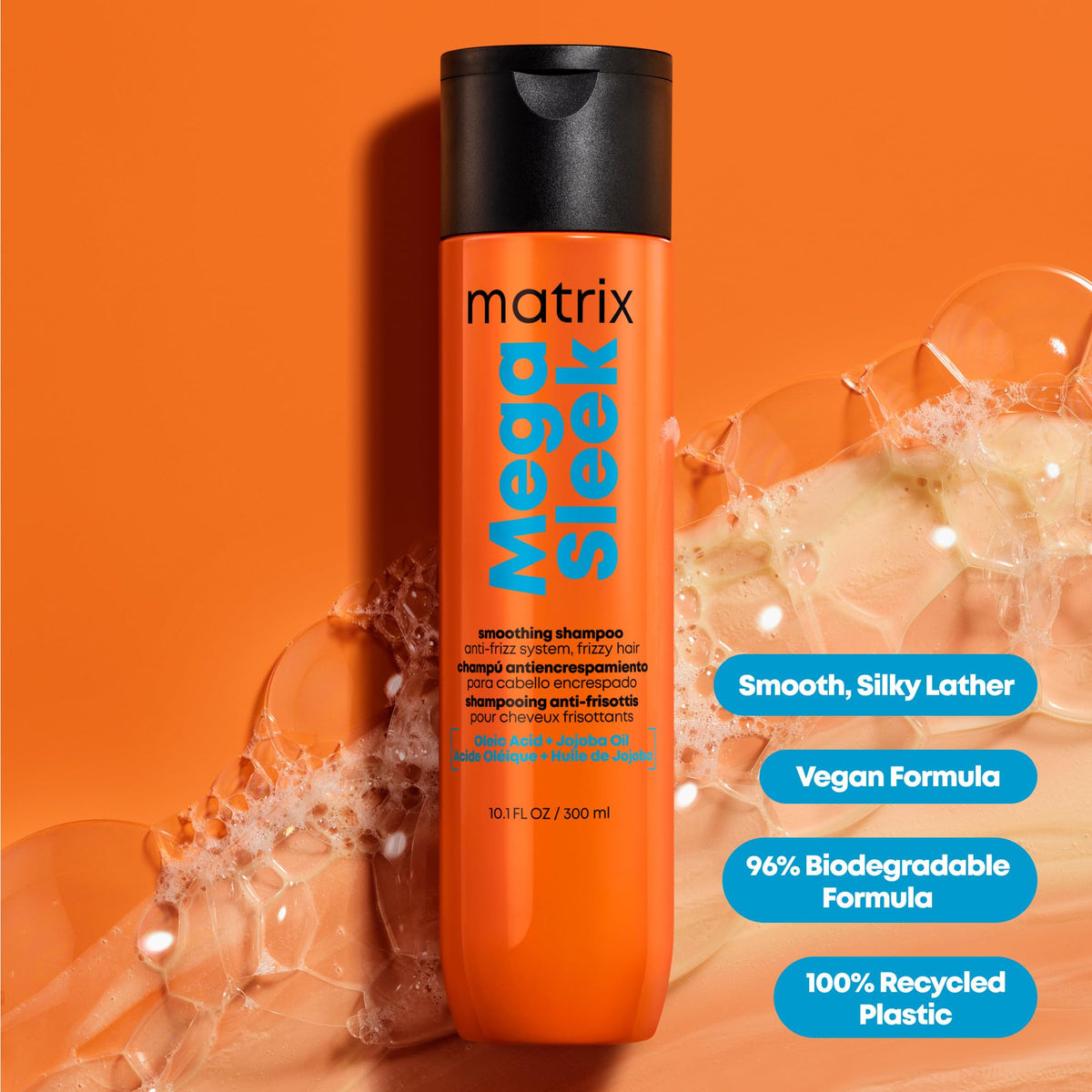 Matrix Mega Sleek Anti-Frizz Sulfate-Free Smoothing Shampoo for All Frizzy Hair, Professional Formula, For Humidity & Static Protection