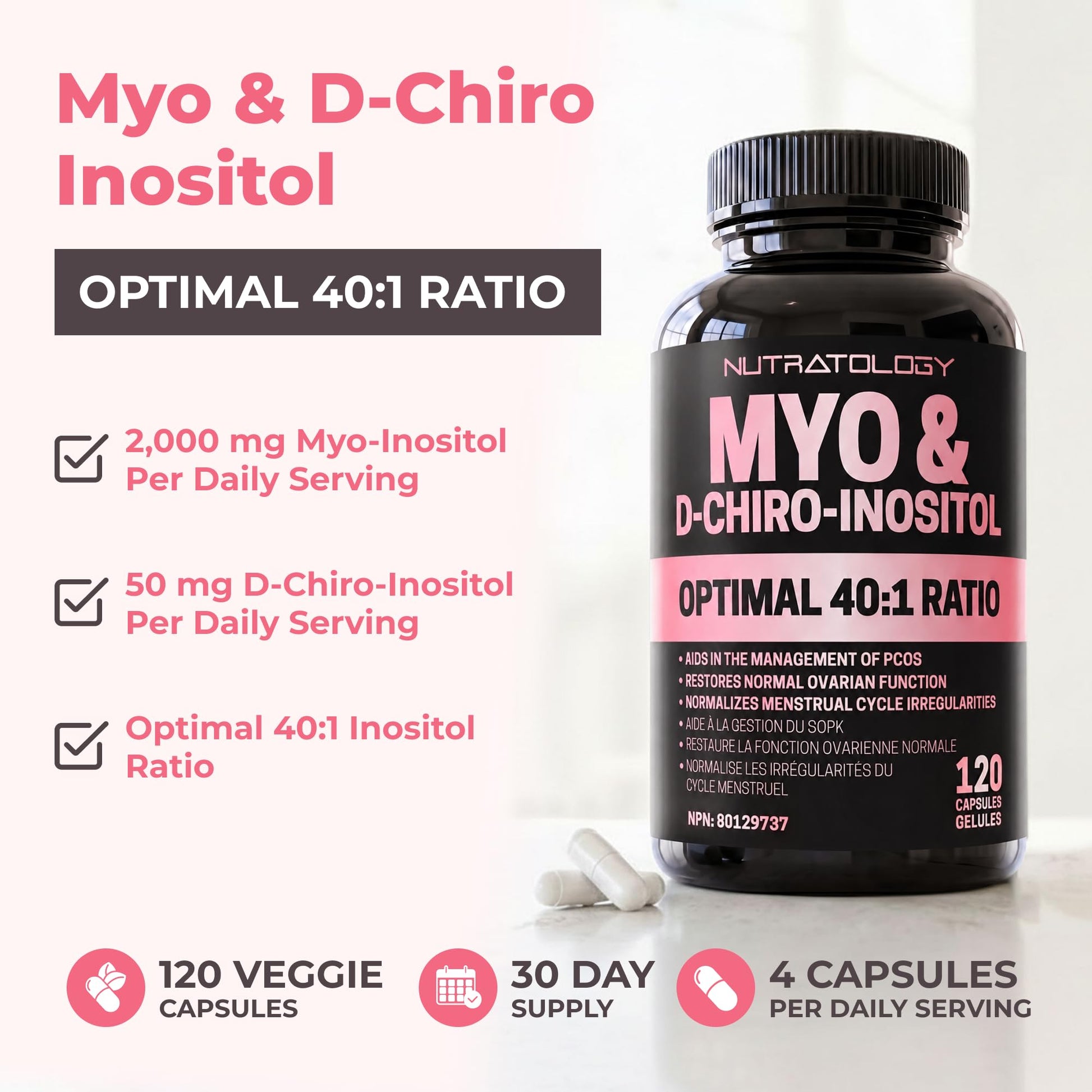 Nutratology® Myo-Inositol & D-Chiro Inositol Capsules - PCOS Supplement for Women - Optimal 40:1 Ratio - For Hormonal Balance & Healthy Ovarian Function - Regulates Menstrual Cycle - 120 Capsules - Available at All In One Marketplace Canada