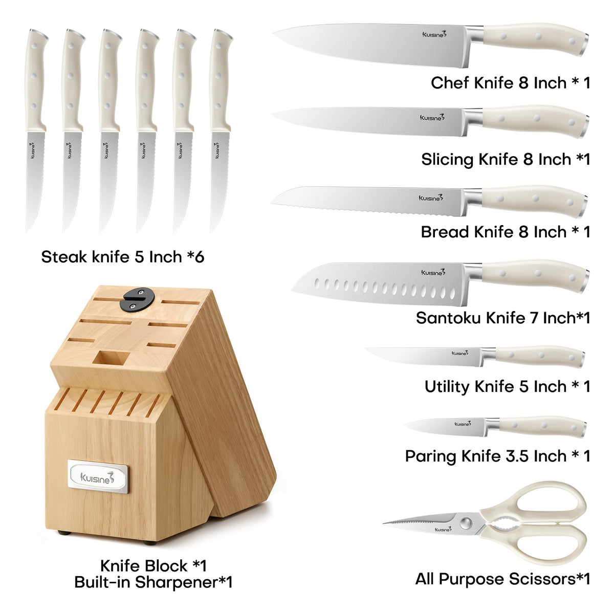 Kuisine 15-Piece Ivory Handle Chef Knife Set with Built-in Sharpener Block 🍁 All In One Marketplace Canada