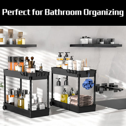 Cicilyna 2 Pack Under Sink Organizer, 2 Tier Bathroom Cabinet Organizers and Storage with Hook, Multi-purpose Storage Basket Shelf for Kitchen, Black - Available at All In One Marketplace Canada
