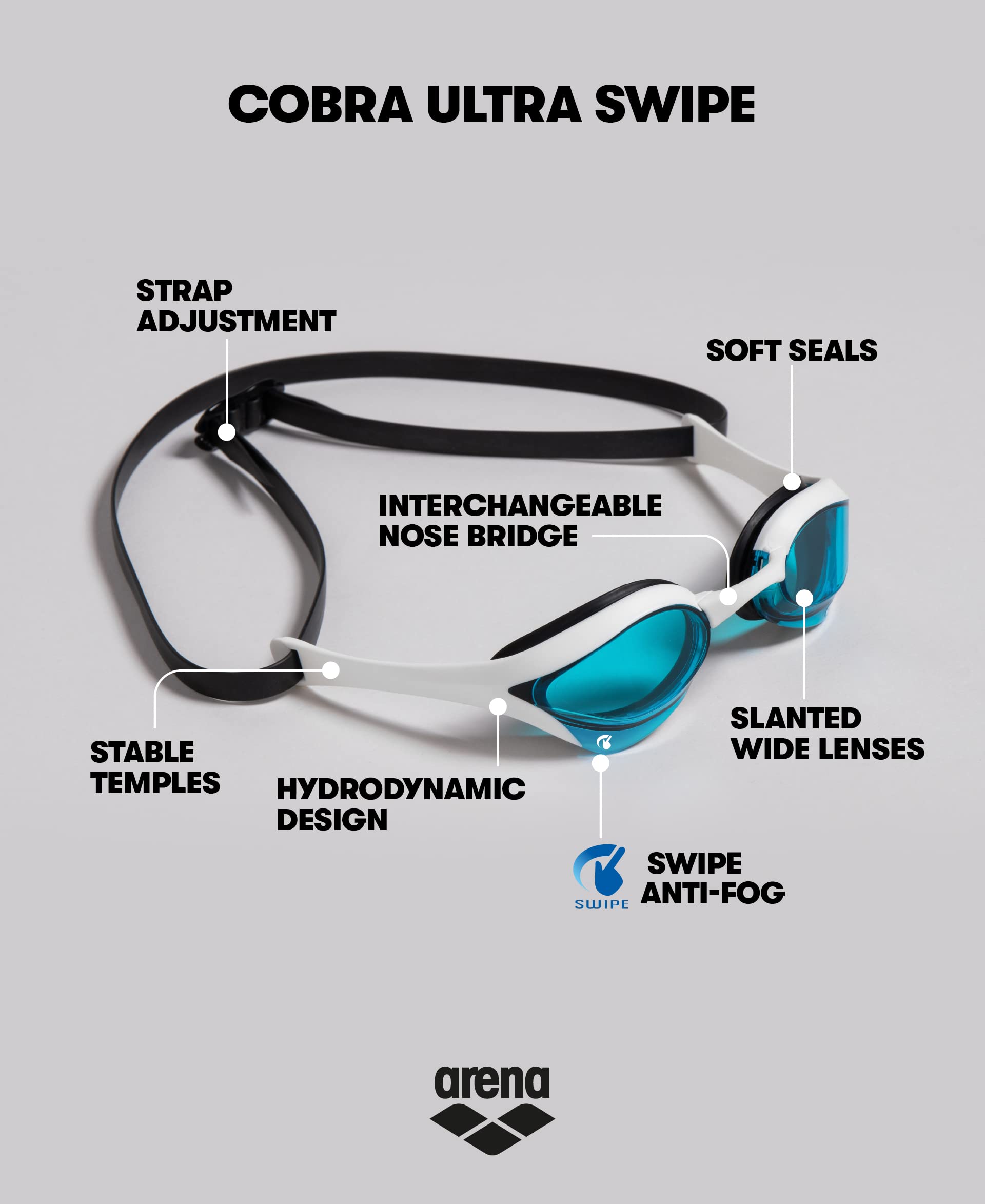 Arena Cobra Ultra Swipe Mirror Unisex Adult Racing Swimming Goggles, Swimming Pool Goggles with Curved Mirror Lenses, Anti-Fog, UV Protection, 5 Interchangeable Nose Bridges ARENA
