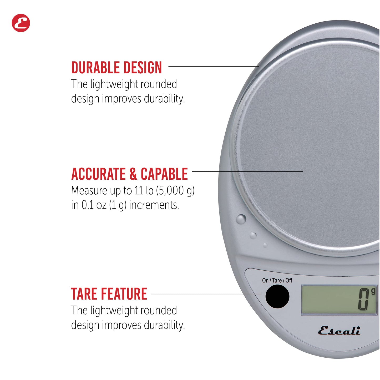 Escali Primo Digital Food Scale Multi-Functional Kitchen Scale and Baking Scale for Precise Weight Measuring and Portion Control, 8.5 x 6 x 1.5 inches, Chrome Escali