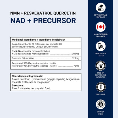 NMN w/Quercetin & Resveratrol For Enhanced NAD+ Levels - More Effective Than NMN Alone, High Purity 99% Nicotinamide Mononucleotide & Resveratrol For Cellular Health, NAD Supplement, 60 Capsules - Available at All In One Marketplace Canada
