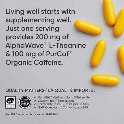 Sports Research® 2-in-1 L-Theanine Supplement with Caffeine & MCT Oil from Organic Coconuts - Focused Energy, Alertness & Relaxation Without Drowsiness - 200mg L Theanine, 100mg Caffeine - 60 Softgels - Available at All In One Marketplace Canada