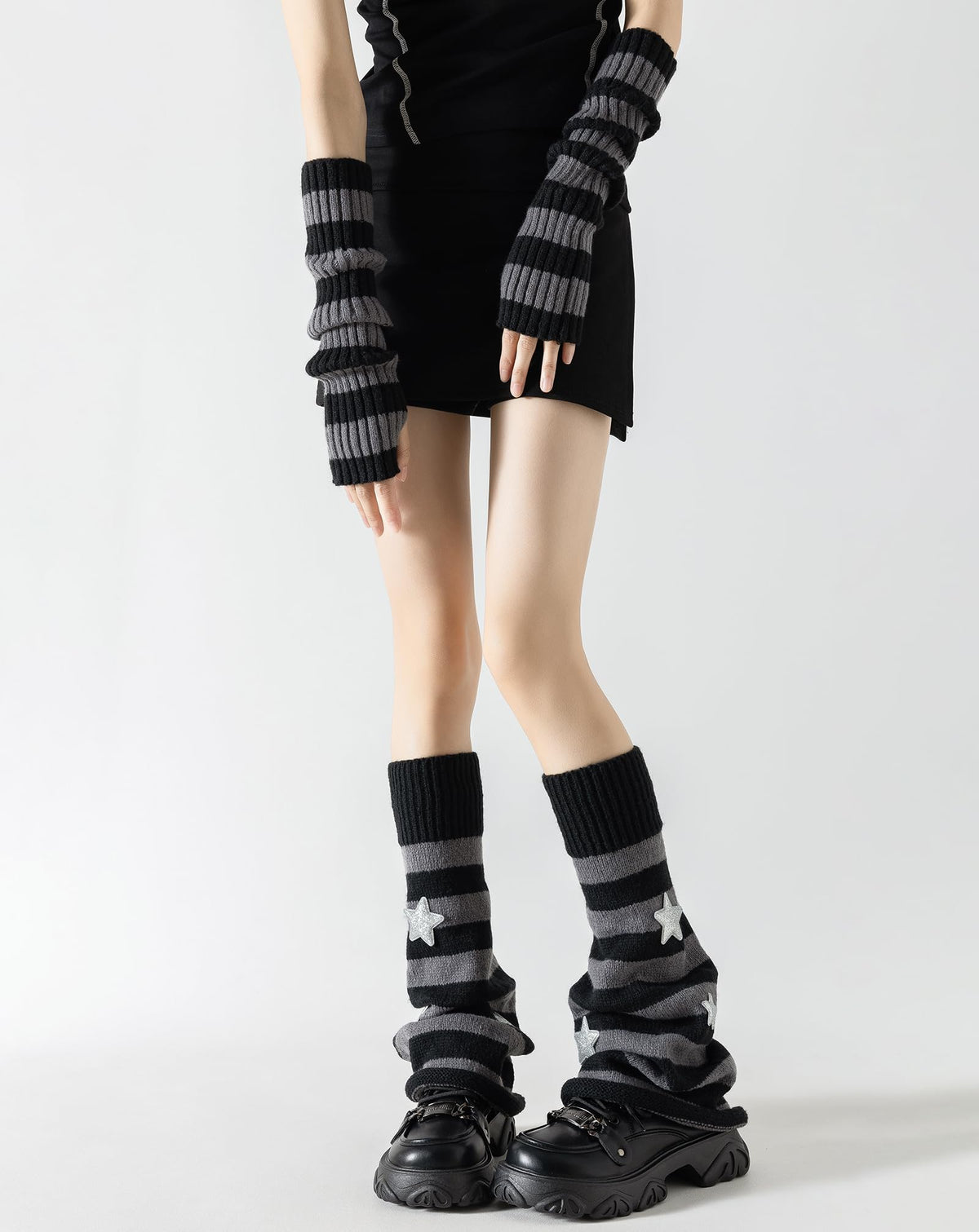 Yawlsow Leg Warmers for Women Y2k Knit Ruffle Leg Warmer Winter, Kawaii Cute Long Socks for Girls Goth Harajuku Accessories (Black Grey Star, One Size) 🍁 All In One Marketplace Canada