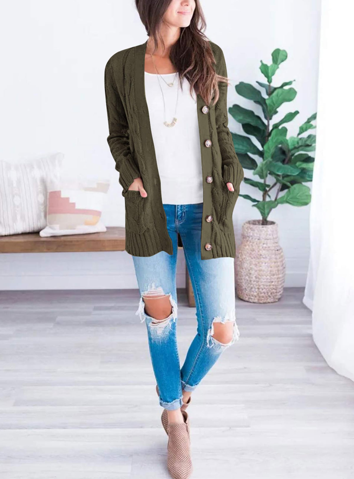 PRETTYGARDEN Women's Cable Knit Cardigan Sweaters Fall(Army Green,M) 🍁 All In One Marketplace Canada