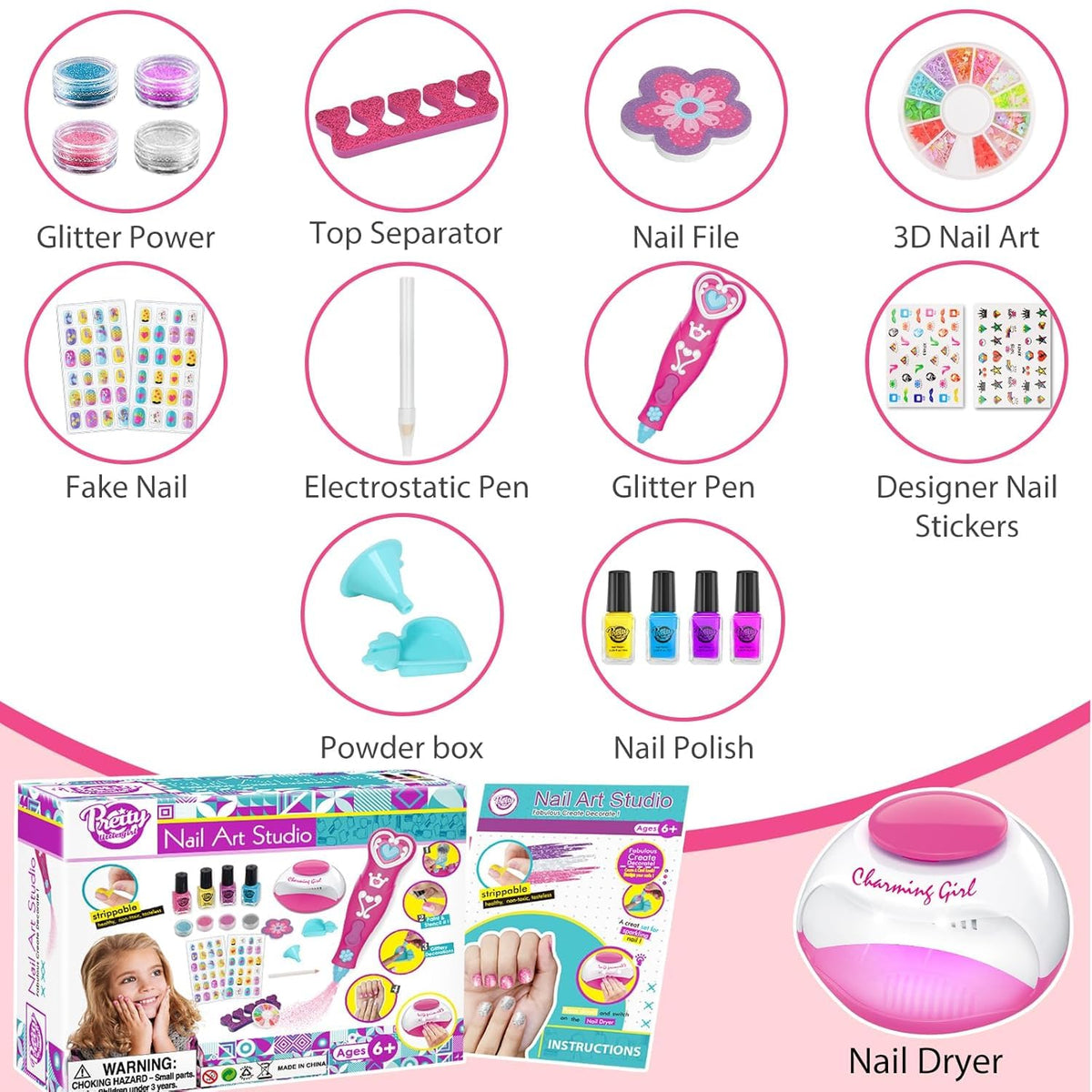 Kids Nail Polish Set for Girls, Nail Art Kits with Nail Dryer & Glitter Pen, Quick Dry & Peel Off & Non-Toxic Nail Polish, Christmas Birthday Gifts for Girls Ages 6 7 8 9 10 11 12 🍁 All In One Marketplace Canada