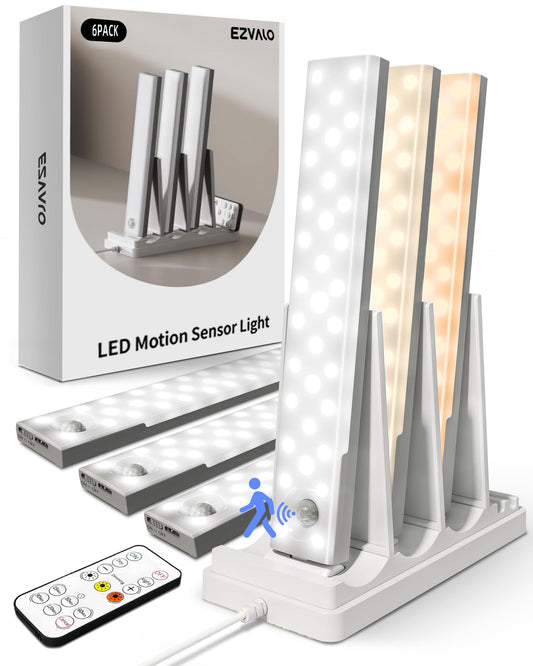 EZVALO 6-Pack Under Cabinet Lighting with Charging Station, Rechargeable Motion Sensor Lights, 3 Color Temps, Dimmable 62 LED Wireless Motion Activated Cabinet Lights with Remote for Kitchen,Pantry - Available at All In One Marketplace Canada