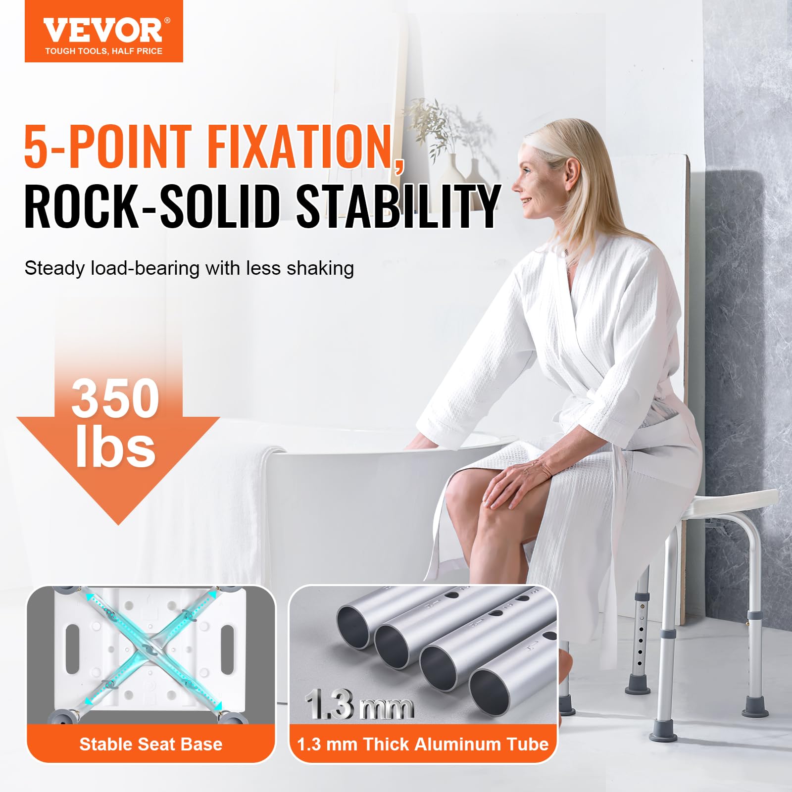 VEVOR Shower Chair, Adjustable Height Shower Stool with Built-in Handles, Shower Seat for Inside Shower or Tub, Non-Slip Bench Bathtub Stool Seat for Elderly Disabled Handicap, 158.8 kg Capacity VEVOR
