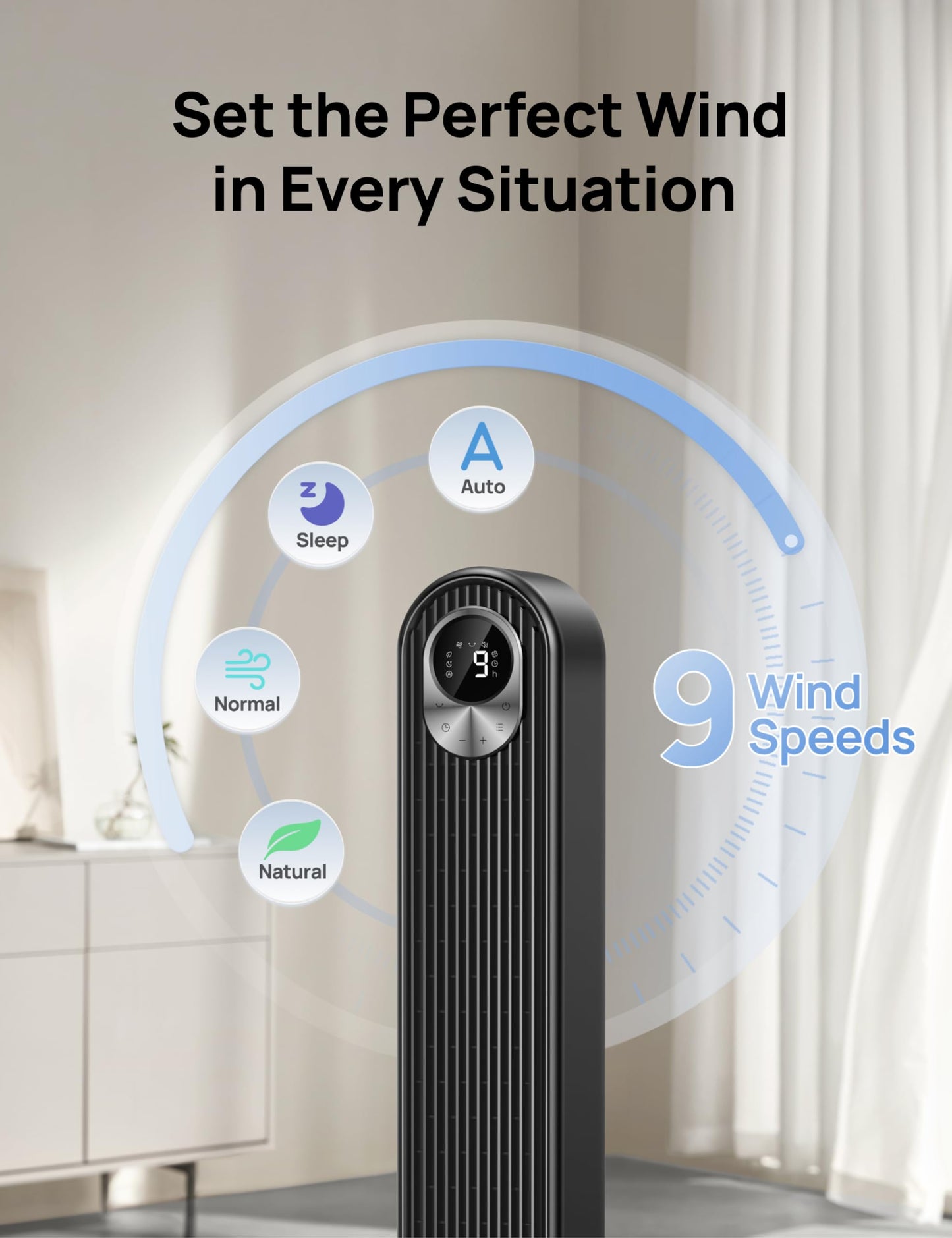 DREO Tower Fan for Bedroom, DC Motor, 28 ft/s, 20dB Quiet Oscillating Bladeless Fan with Remote, 9 Speeds, 4 Modes, 12H Timer, LED Display, Standing Floor Fan Powerful for Indoor Home Office Room