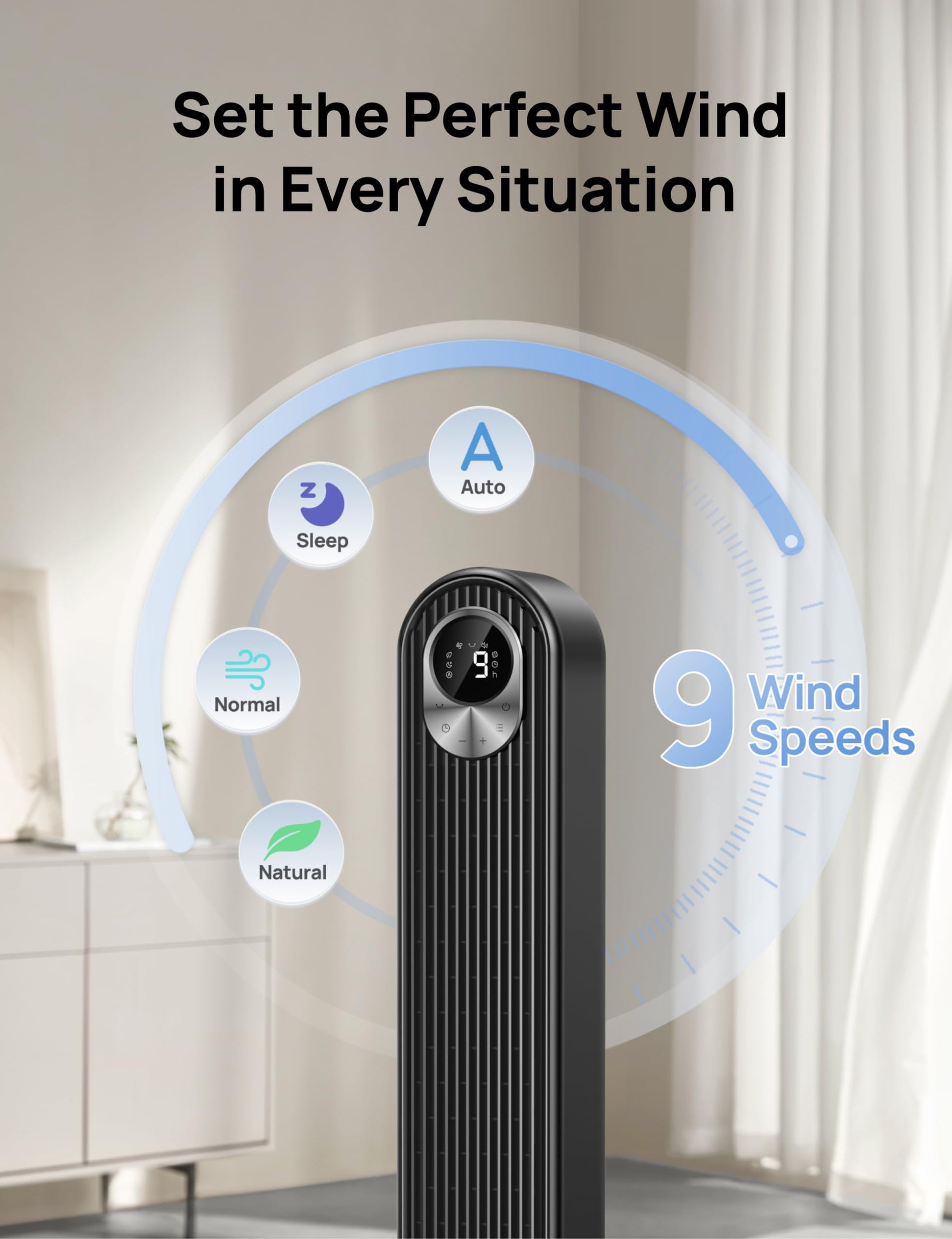 DREO Tower Fan for Bedroom, DC Motor, 28 ft/s, 20dB Quiet Oscillating Bladeless Fan with Remote, 9 Speeds, 4 Modes, 12H Timer, LED Display, Standing Floor Fan Powerful for Indoor Home Office Room
