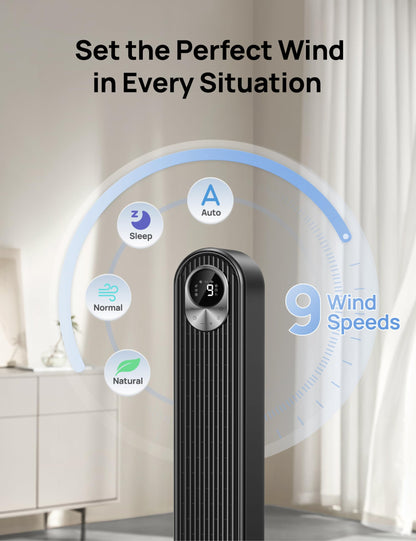 DREO Tower Fan for Bedroom, DC Motor, 28 ft/s, 20dB Quiet Oscillating Bladeless Fan with Remote, 9 Speeds, 4 Modes, 12H Timer, LED Display, Standing Floor Fan Powerful for Indoor Home Office Room