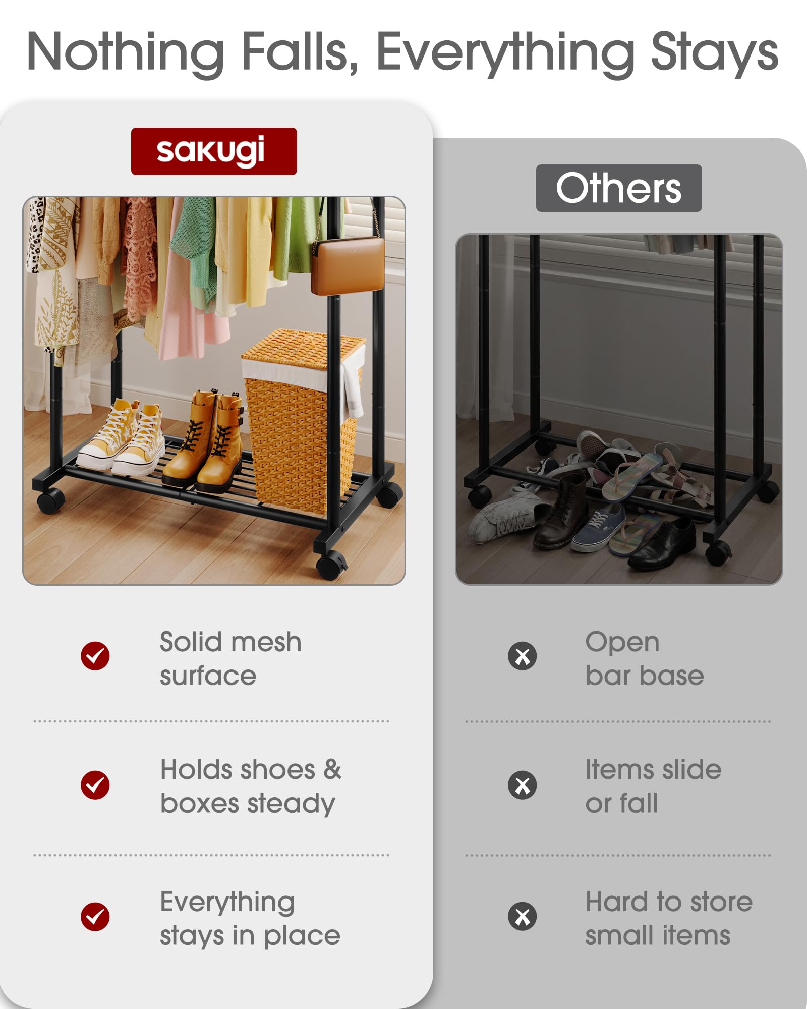 Sakugi Double-Rod Metal Clothing Rack with Wheels, Black - Available at All In One Marketplace Canada