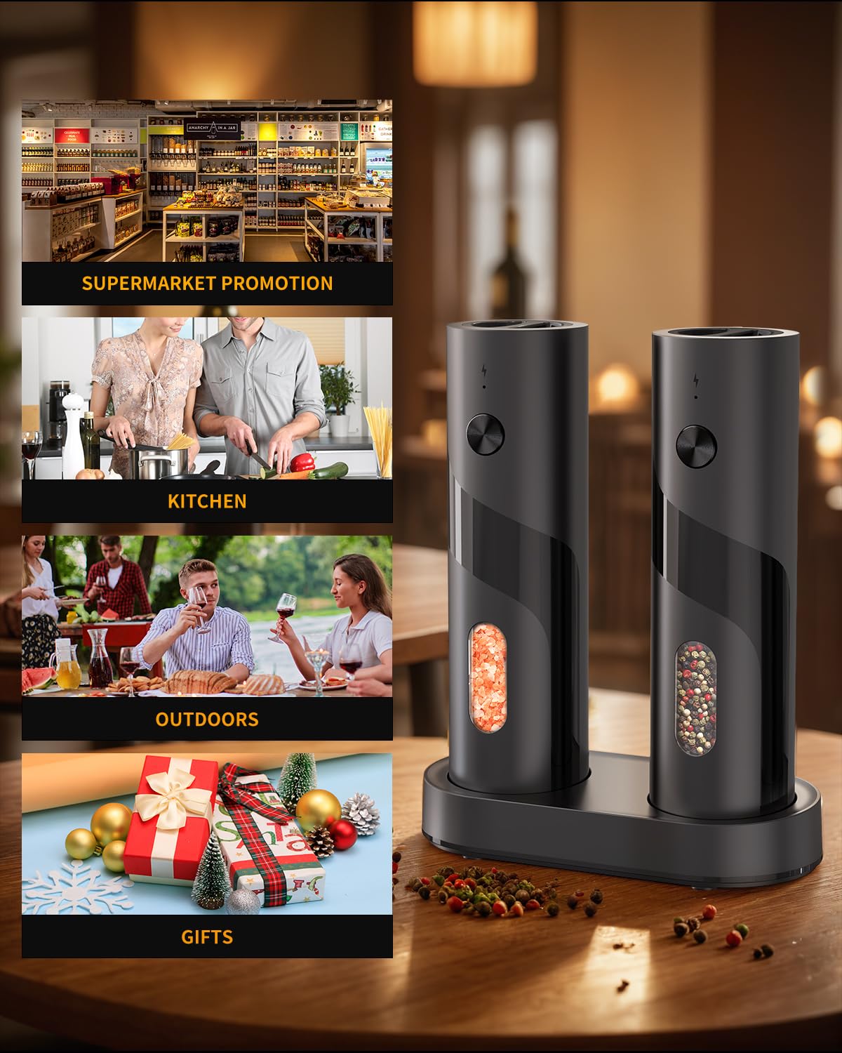 CIRCLE JOY Electric Salt and Pepper Grinder Set with Charging Base, Rechargeable Automatic Pepper Mill Grinder with Adjustable Coarseness, Easy Filling 110ml Large Capacity with Led for Home Kitchen - Available at All In One Marketplace Canada