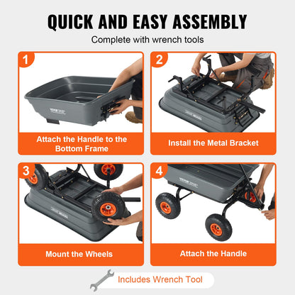 VEVOR Dump Cart, Poly Garden Dump Cart with Easy to Assemble Steel Frame, Dump Wagon with 2-in-1 Convertible Handle, Utility Wheelbarrow 600 lbs Capacity, 10 inch Tires VEVOR