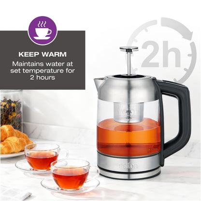 Salton Temperature Control Glass Kettle – 1.7 L | 7 Temperature Settings (104°F–212°F / 40°C–100°C) | Bonus Tea Steeper | LED Colour Change | Keep Warm Function | 360° Swivel Base | Proudly Canadian