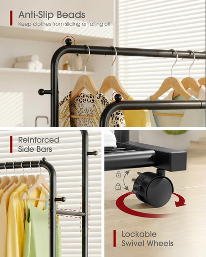Sakugi Double-Rod Metal Clothing Rack with Wheels, Black - Available at All In One Marketplace Canada