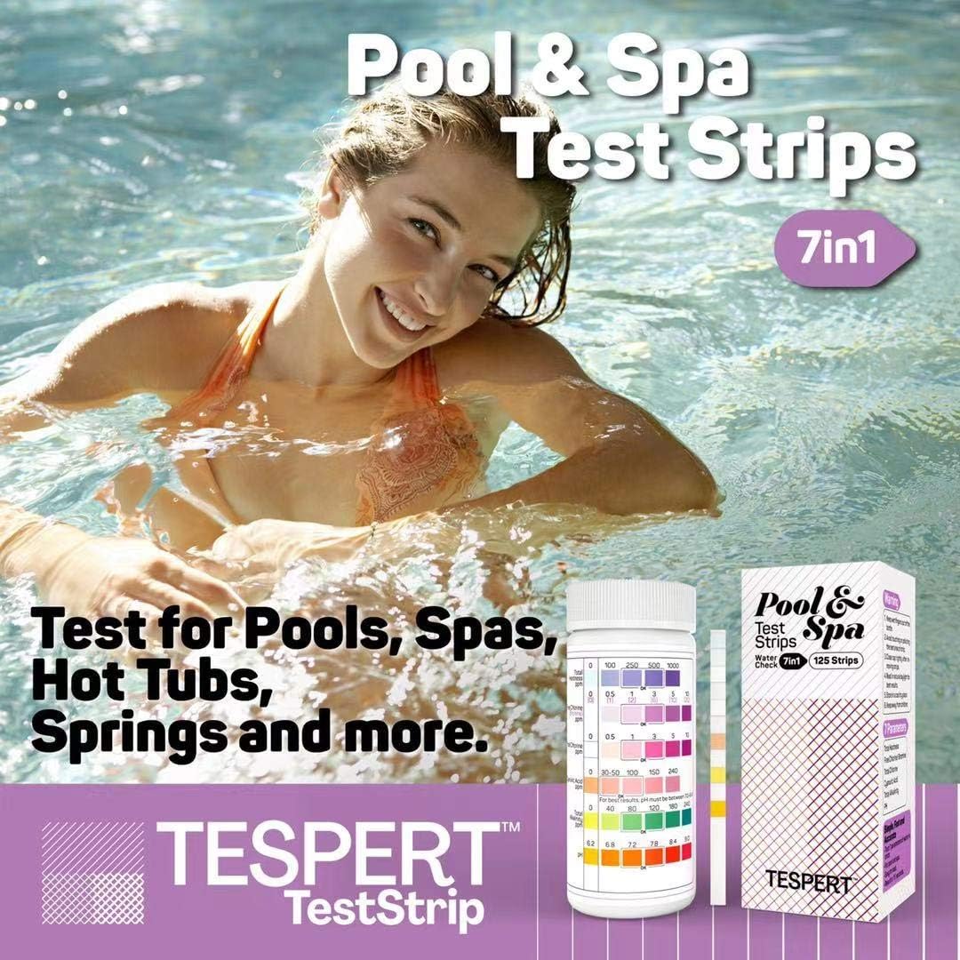 TESPERT Pool and Spa Test Strips Hot Tub Test Strips 7-in-1 125 Strips Pack, Chemistry Test Kit for Test Bromine, Total Alkalinity, pH, Free Chlorine, Total Hardness, Cyanuric Acid, and Total Chlorine