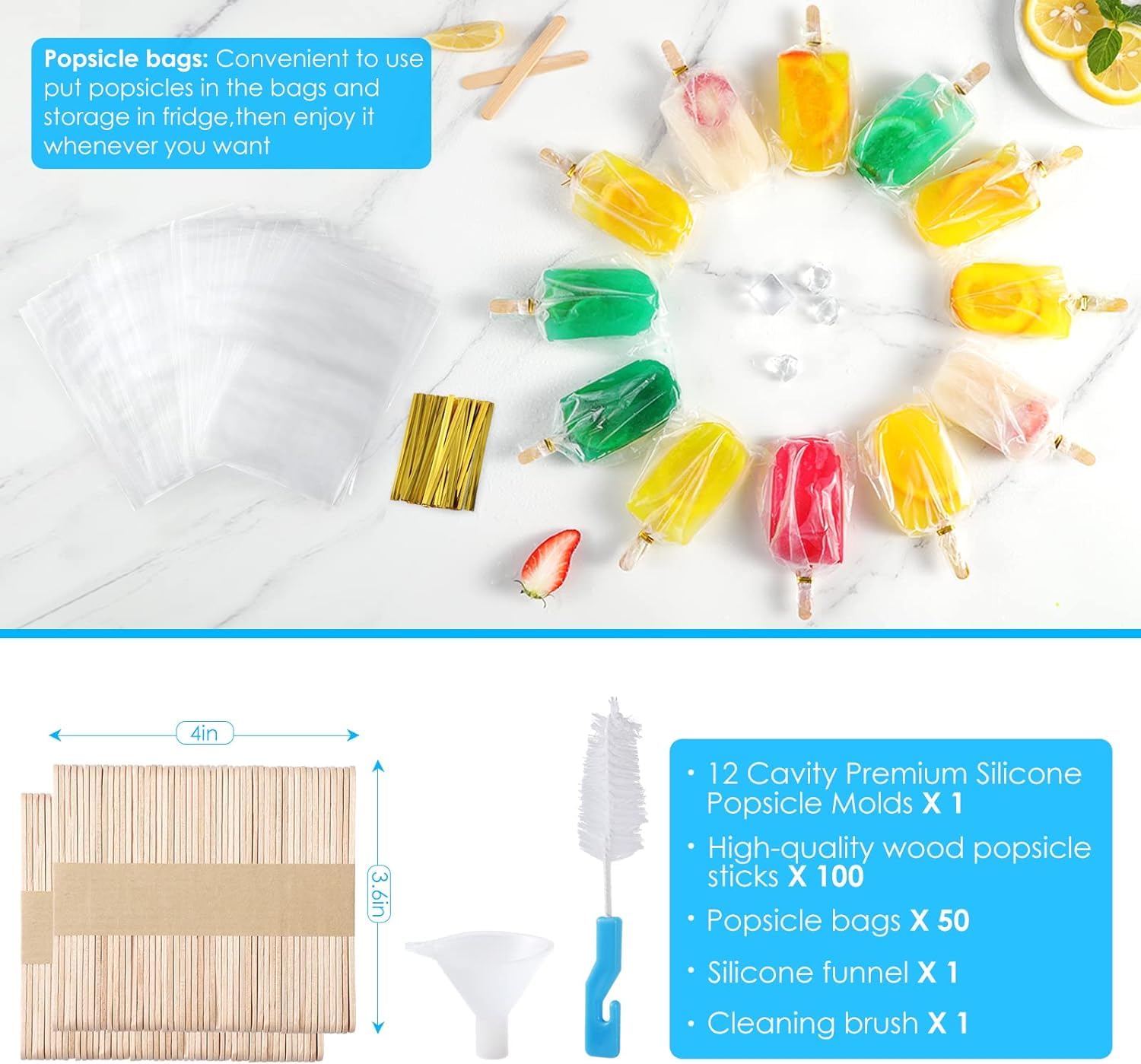 POLCANUR Popsicle Molds Silicone BPA-Free,12 Pieces Popsicle Trays for Freezer,Homemade Ice Cream Popsicle Molds,Large Ice Pop Maker Set,Reusable Ice Lolly Mould with 50PCS Popsicle Sticks - Available at All In One Marketplace Canada