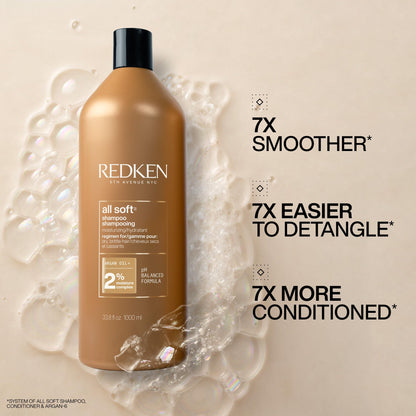 Redken All Soft Shampoo, For Dry/Brittle Hair, Moisturizes & Provides Intense Softness and Shine, With Argan Oil