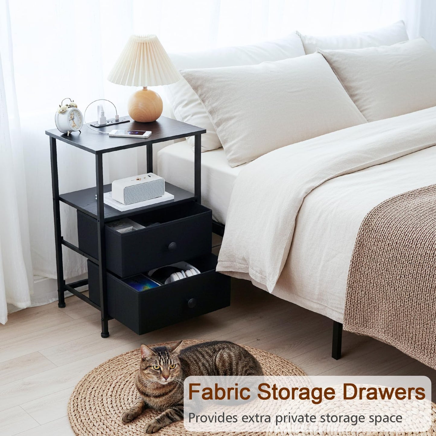 LOAKEKEL Night Stands Set 2, Bedside Table with Charging Station and LED Light, Nightstand with 2 AC Outlets and USB Ports, End Table with 2 Fabric Drawers for Bedroom, Living Room, Black, HETS02BK - Available at All In One Marketplace Canada