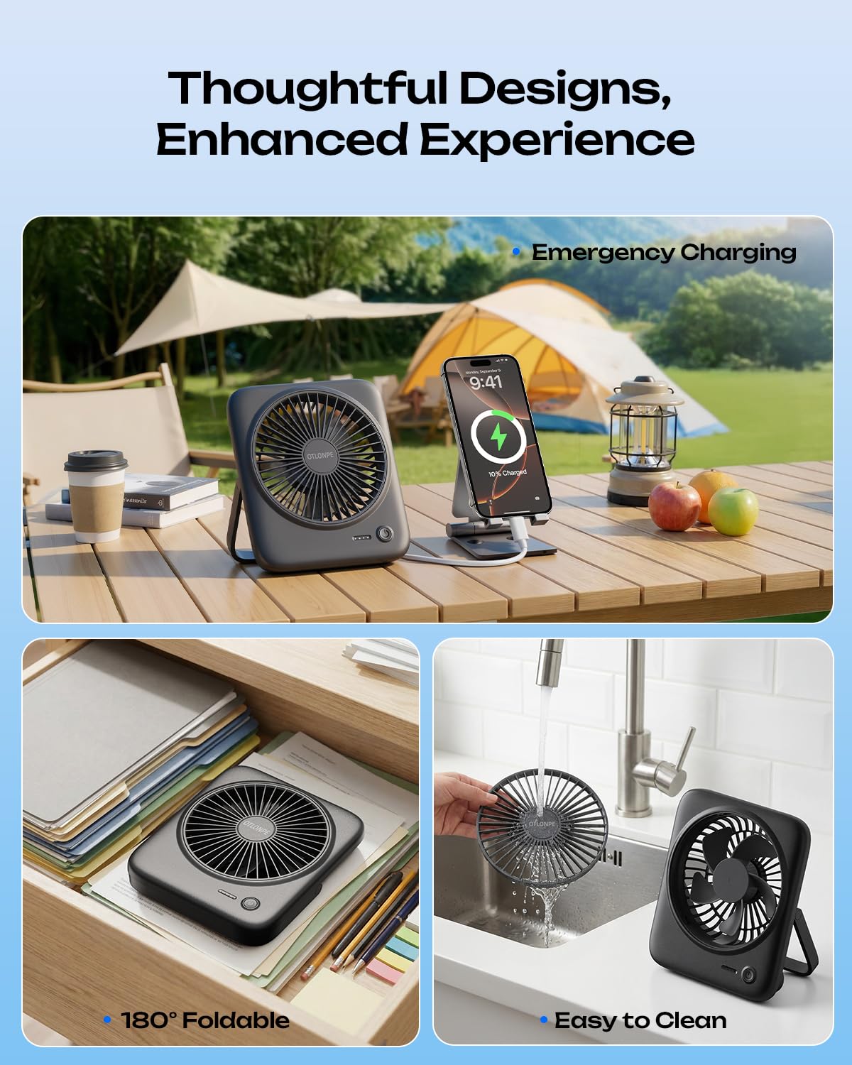 Otlonpe Personal Portable Desk Fan, 4000mAh Small Rechargeable Portable Fan Battery Operated & USB Powered for Travel Sleeping Bedroom Office Home Table, Cordless, Quiet, 4-Speed, 6.5 Inch (Black) - Available at All In One Marketplace Canada