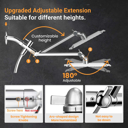 COSYLAND Rain Shower Head with Handheld - 304 Stainless Steel High Pressure 8 inch Square Rainfall Showerhead Combo with 3 Spray Mode 11 inch Extension Adjustable Arm & 60 inch Hose - Chrome COSYLAND