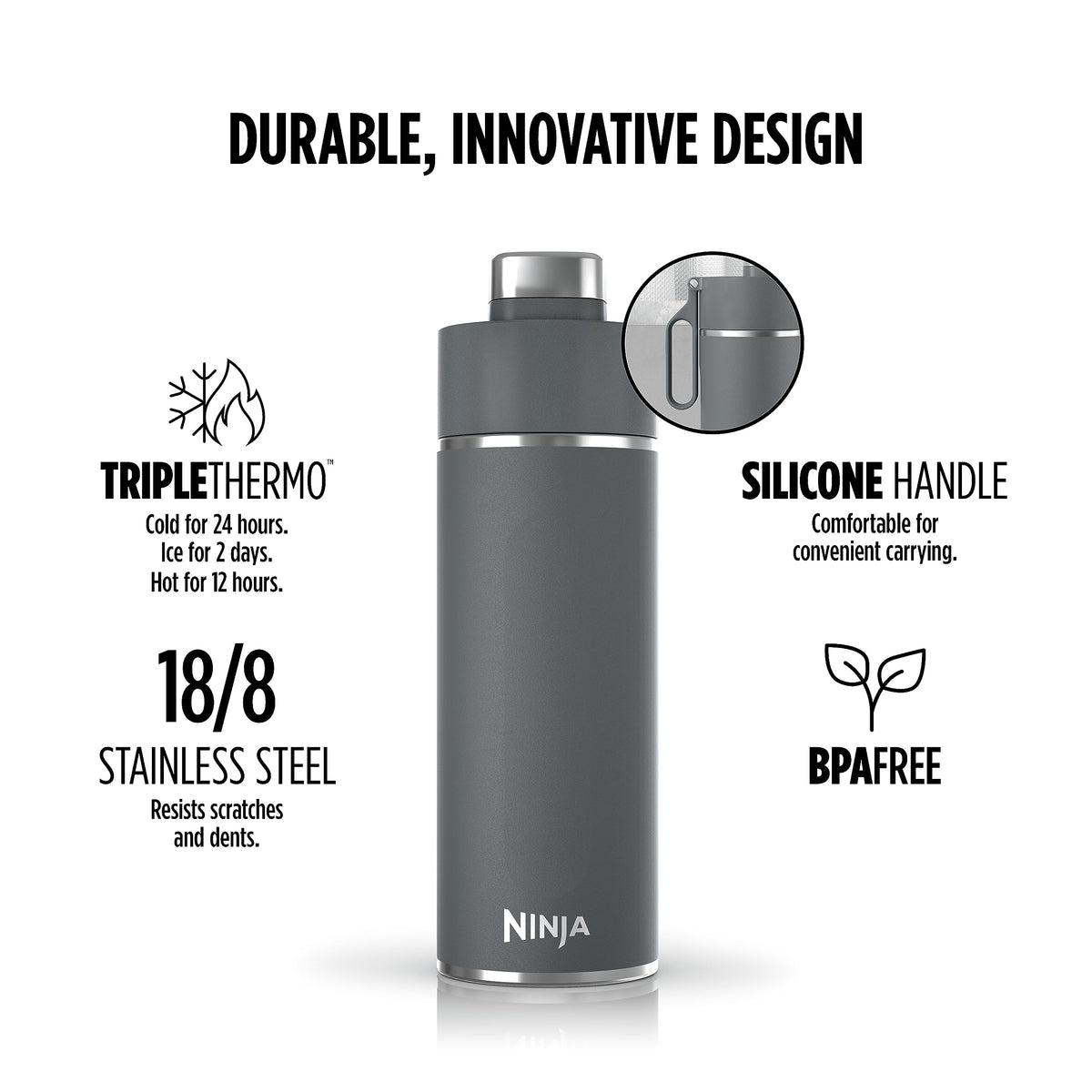 Ninja Thirsti 24oz Travel Bottle for Sparkling Drinks, Fizzier Longer, Leak Proof, 24 Hours Cold, Dishwasher Safe, Insulated Tumbler, Grey, DW2401CGY (Canadian Version)