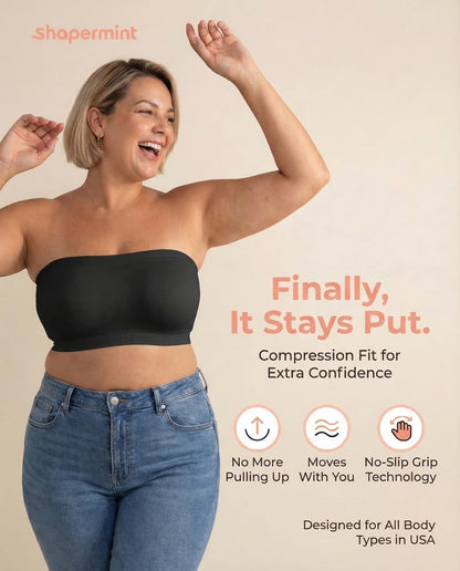 SHAPERMINT Convertible Strapless Bras for Women - Compression Wireless Bandeau Bra Top Black