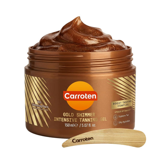 Carroten Gold Shimmer Tanning Gel | Browning Indoor/Outdoor Tan Accelerator | Non-Greasy, Water-Resistant with Carrot & Coconut Oil | Vitamin A & E For Moisture & Hydration | Made in Greece | 5 Fl Oz