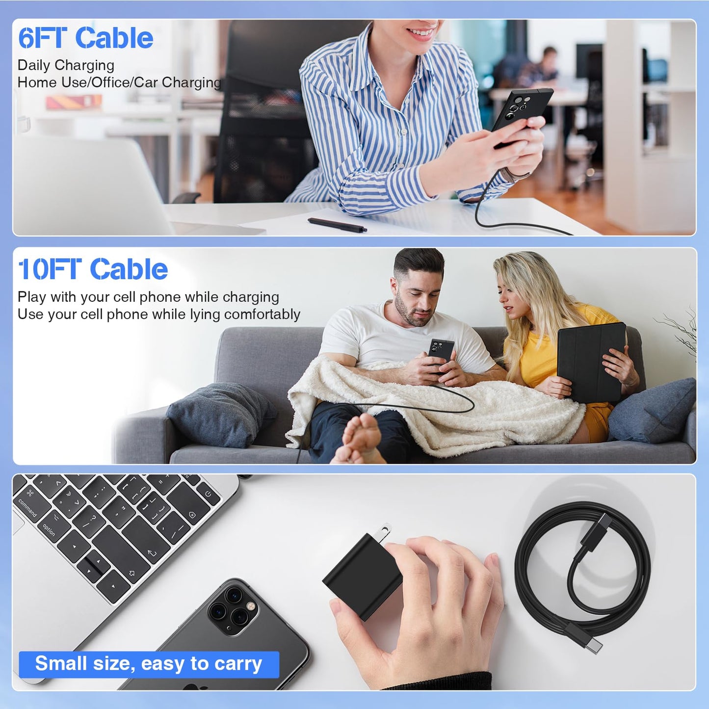 45W Super Fast Charger USB C,3 Pack USB C Charger Block with 10/10/6FT Type C Cable Fast Charge for Samsung Galaxy S26 S25 Ultra S26+/S24/S23/S22/S21, Android, Galaxy Tablet, iPhone 17/16/15 Pro Max