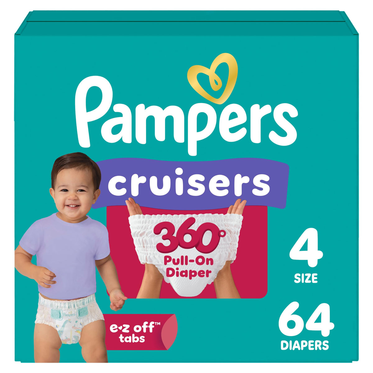 Pampers Diapers - Cruisers 360 degrees - Size 4, 64 Count, up to 100% Leakproof Fit, Designed for Active Babies, Pull On Diaper, EZ Off Tabs Designed for Easy Changes