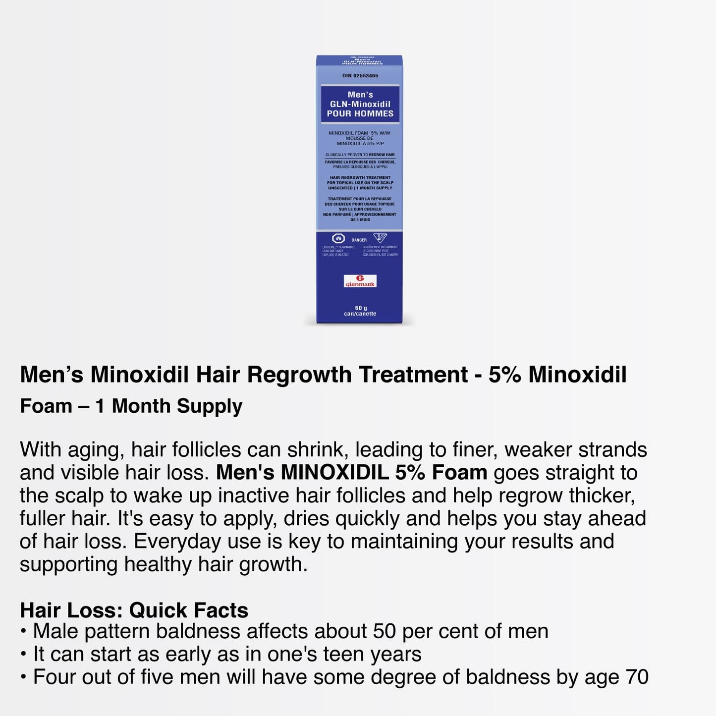 Glenmark | Minoxidil 5% Hair Regrowth Foam for Men, Aerosol Can, 1 Month Treatment (60 gr) – Mess-Free, Fast-Drying Formula for Thinning Hair & Hair Loss – Reactivates Follicles