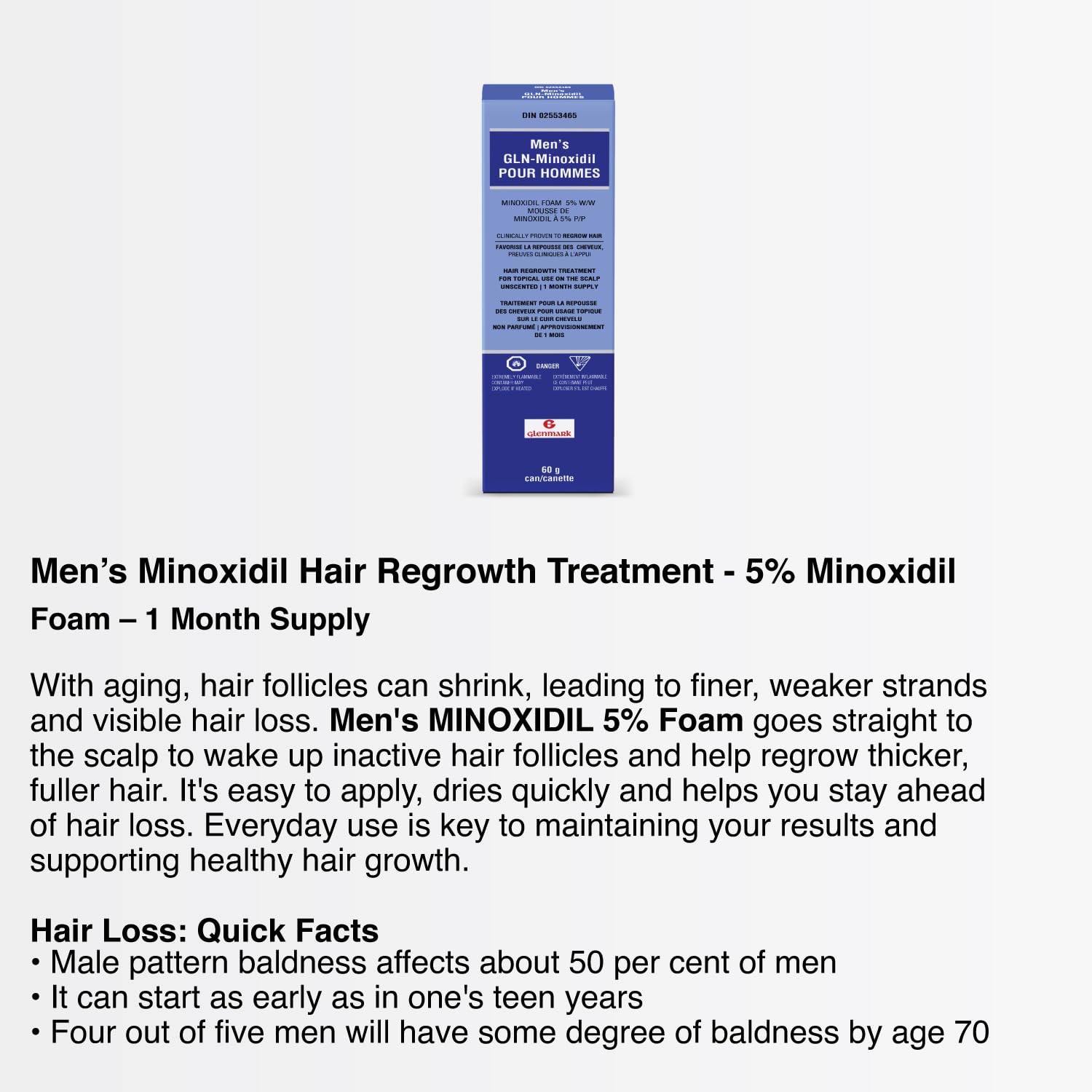 Glenmark | Minoxidil 5% Hair Regrowth Foam for Men, Aerosol Can, 1 Month Treatment (60 gr) – Mess-Free, Fast-Drying Formula for Thinning Hair & Hair Loss – Reactivates Follicles