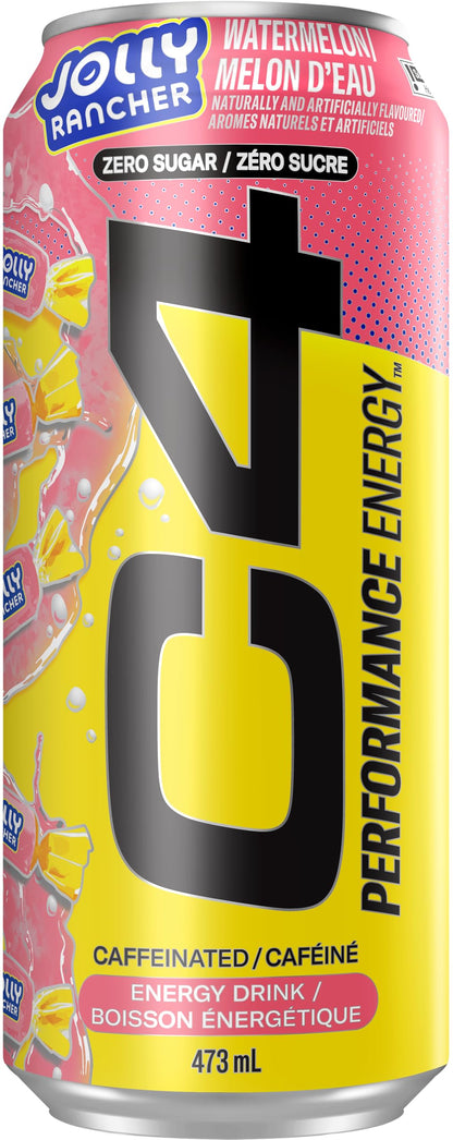 Cellucor C4 Performance Energy Drink, Jolly Rancher Watermelon, Carbonated Sugar Free Drink with no Artificial Colours or Dyes, 473mL, 12 count