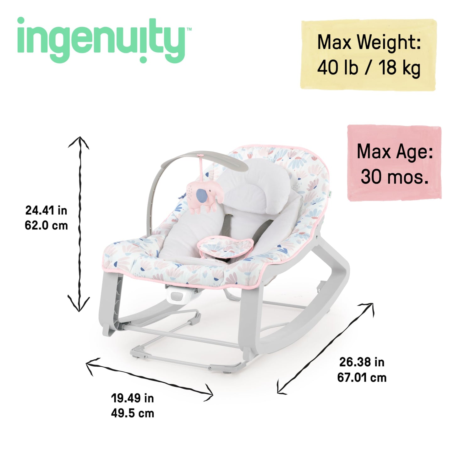 Ingenuity Keep Cozy 3-in-1 Grow with Me Vibrating Baby Bouncer Seat & Infant to Toddler Rocker, Vibrations & Toy Bar, 0-30 Months Up to 40 lbs (Pink Burst) 🍁 All In One Marketplace Canada