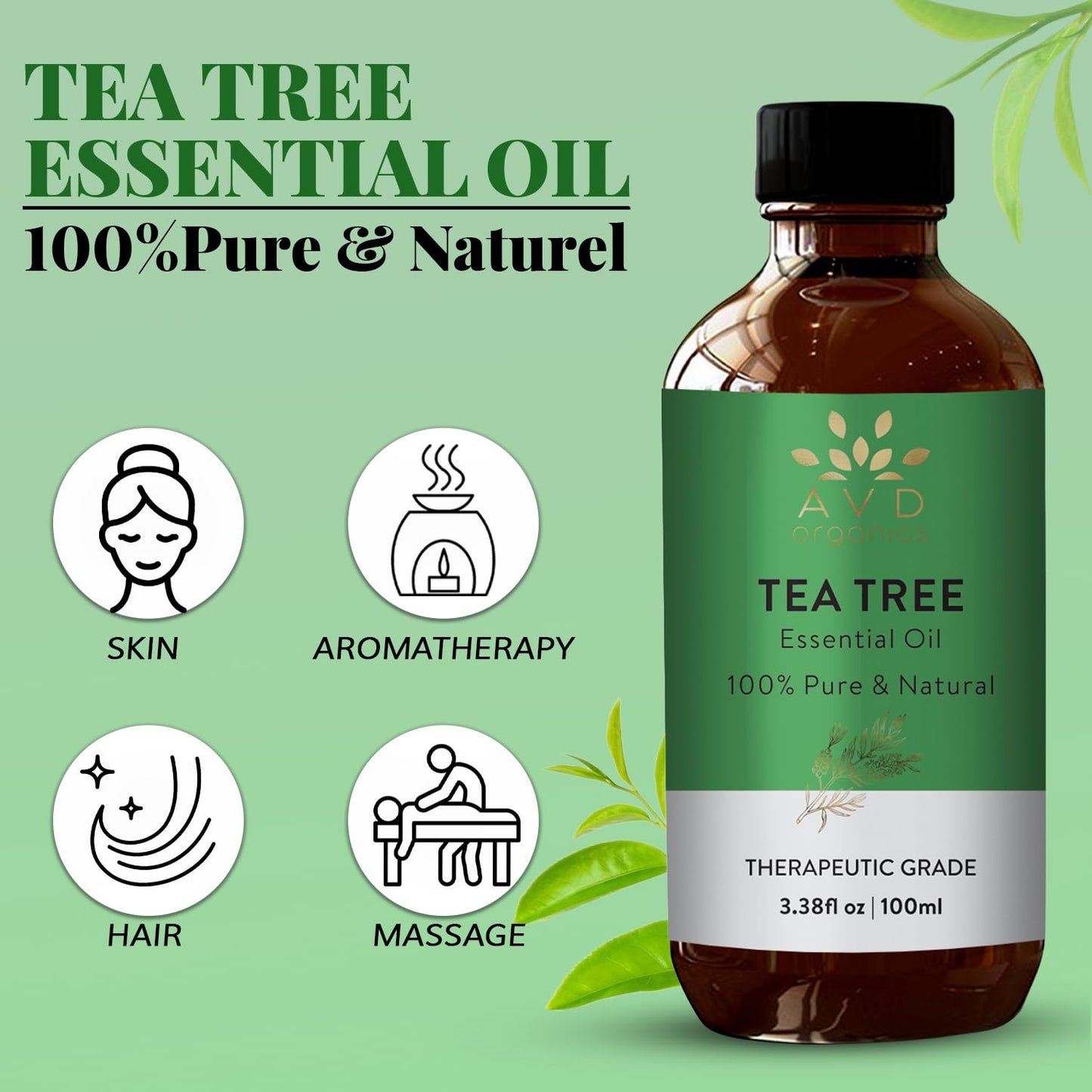 AVD Organics Tea Tree Oil | 100% Pure and Natural Tea Tree Essential Oil for skin | for Nail Fungus Face Aromatherapy Home Diffusers Carrier | 3.38 fl. Oz
