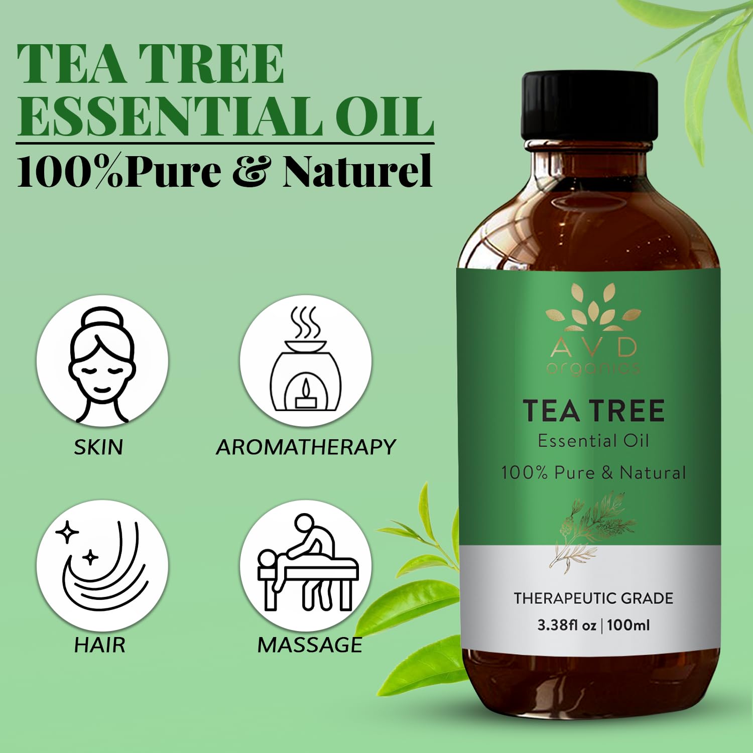 AVD Organics Tea Tree Oil | 100% Pure and Natural Tea Tree Essential Oil for skin | for Nail Fungus Face Aromatherapy Home Diffusers Carrier | 3.38 fl. Oz