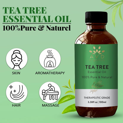 AVD Organics Tea Tree Oil | 100% Pure and Natural Tea Tree Essential Oil for skin | for Nail Fungus Face Aromatherapy Home Diffusers Carrier | 3.38 fl. Oz