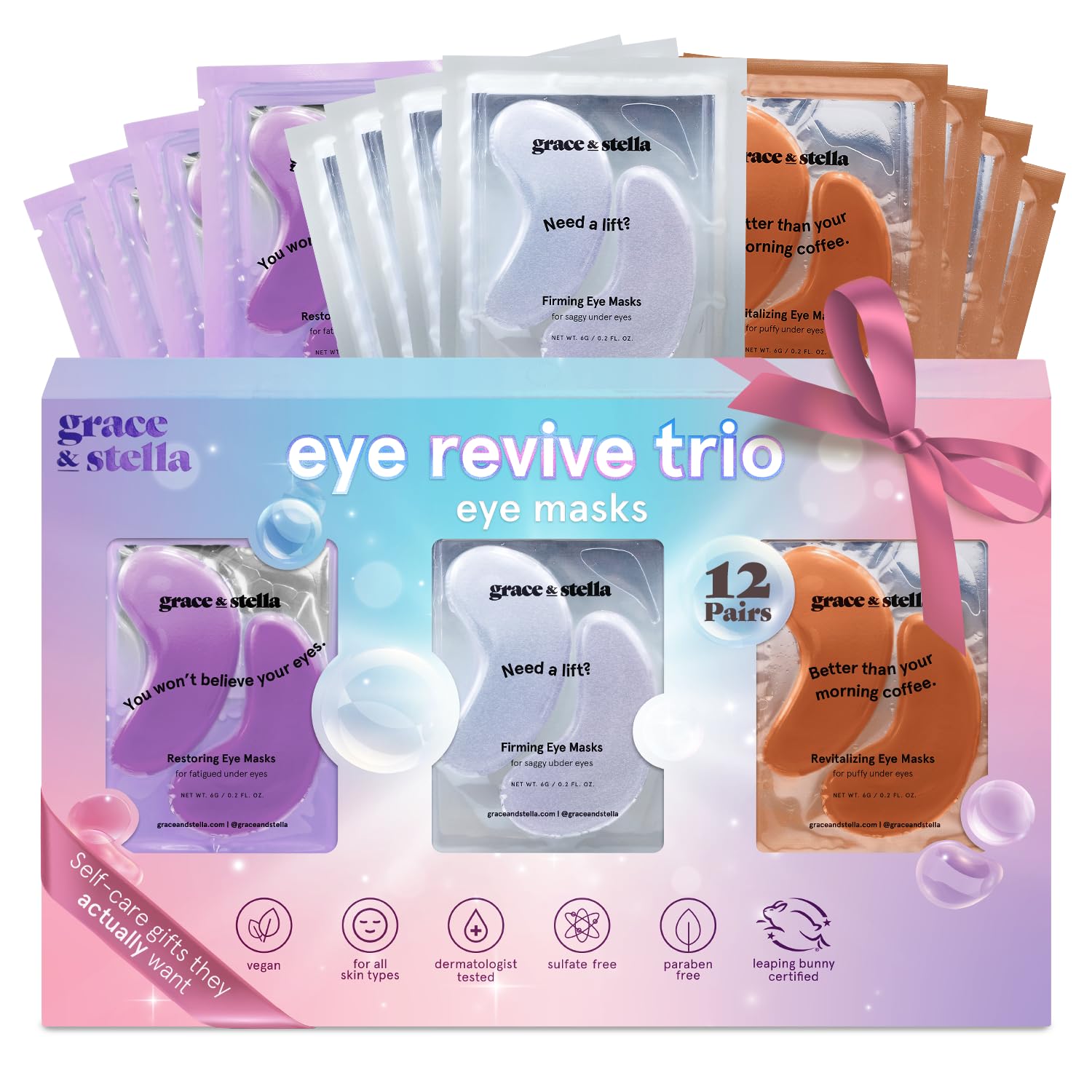 grace & stella Under Eye Patches (12 pairs) Eye Masks for Dark Circles and Puffiness - Birthday Gifts for Women, Bachelorette Party Favors, Bridesmaid Proposal Gifts, Self Care, Spa, Relaxation, Vegan