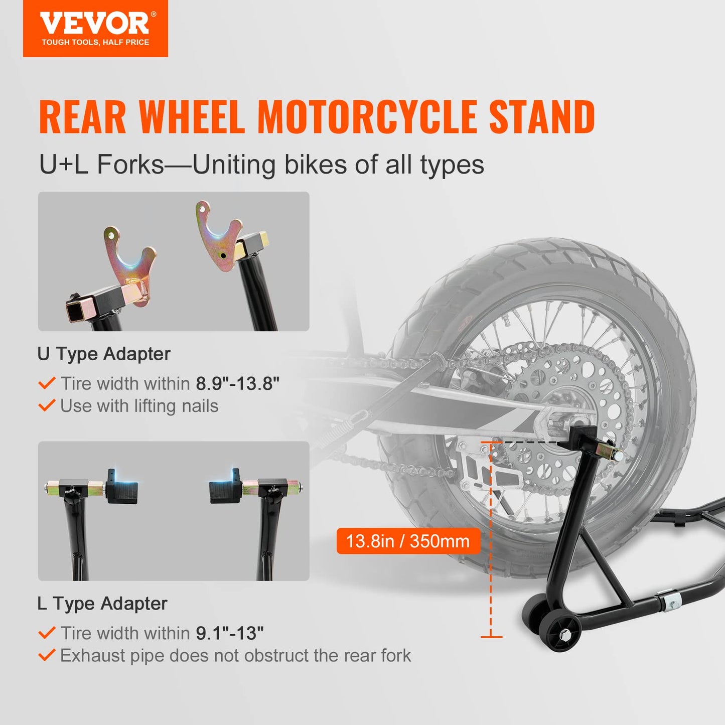 VEVOR Motorcycle Rear Wheel Stand, with U + L Fork Swingarm Spool, 850 lbs Capacity Heavy Duty Rear Wheel Stand Motorcycle Lift Jack Stand, for Suzuki Yamaha Honda Kawasaki, Black 🍁 All In One Marketplace Canada