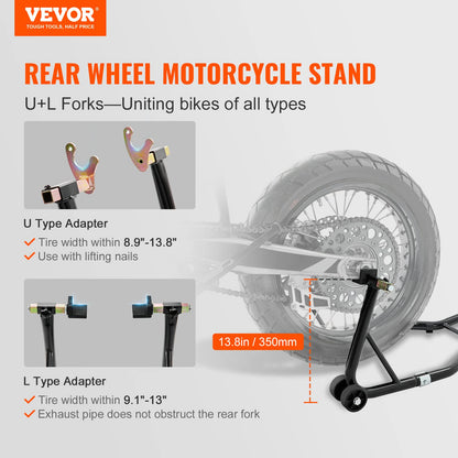 VEVOR Motorcycle Rear Wheel Stand, with U + L Fork Swingarm Spool, 850 lbs Capacity Heavy Duty Rear Wheel Stand Motorcycle Lift Jack Stand, for Suzuki Yamaha Honda Kawasaki, Black 🍁 All In One Marketplace Canada