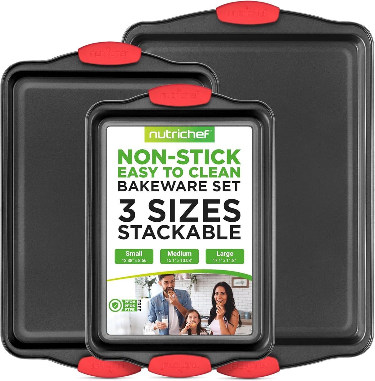 NutriChef Baking Sheet Set - 3 Piece Nonstick Cookie Sheets & Baking Pan Set, Carbon Steel Bakeware with Silicone Handles for Roasting, Meal Prep & Sheet Pan Dinners
