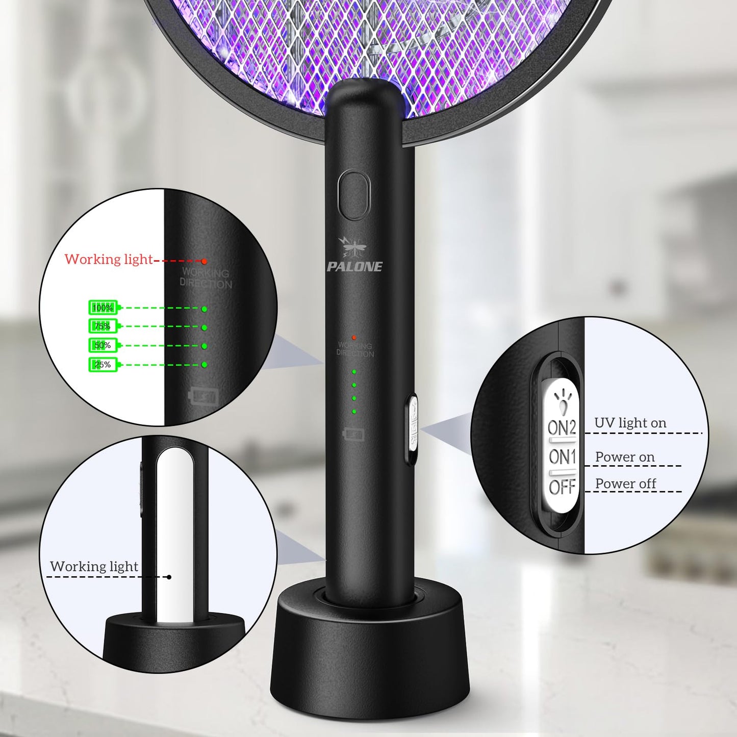 PALONE Bug Zapper Racket, Electric Bug Zapper, 4000V Electric Swatter 3 Layers Lamp, Indoor Zapper Without Waving Hands for Kitchen, Home, Garden and Outdoors(Black)