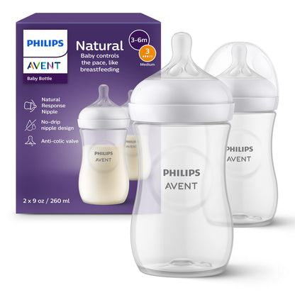 Philips Avent Natural Baby Bottles with Natural Response Nipples (Medium Flow, Flow 3), 9oz, 2-pack, SCY903/02