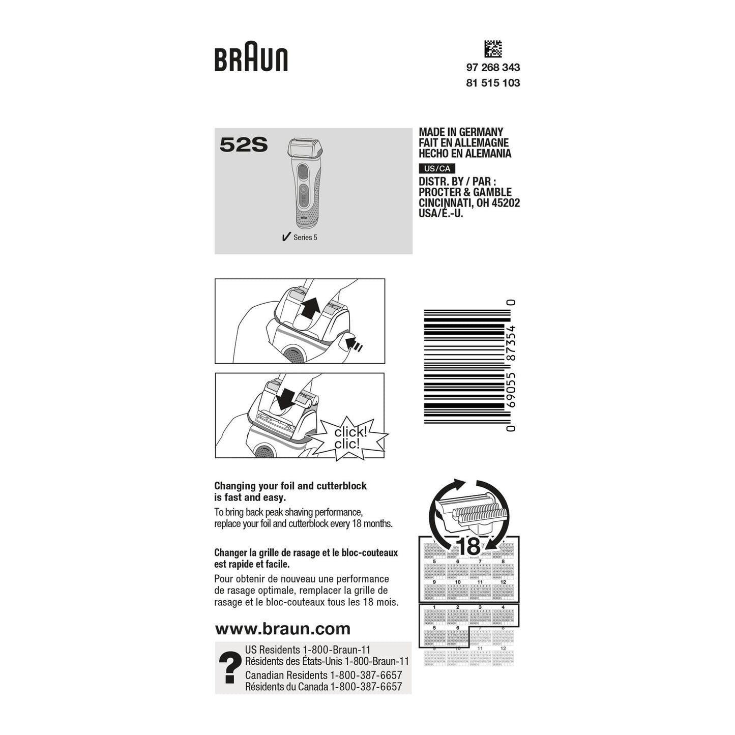 Braun Series 5 52S Electric Shaver Head Replacement Cassette – Silver