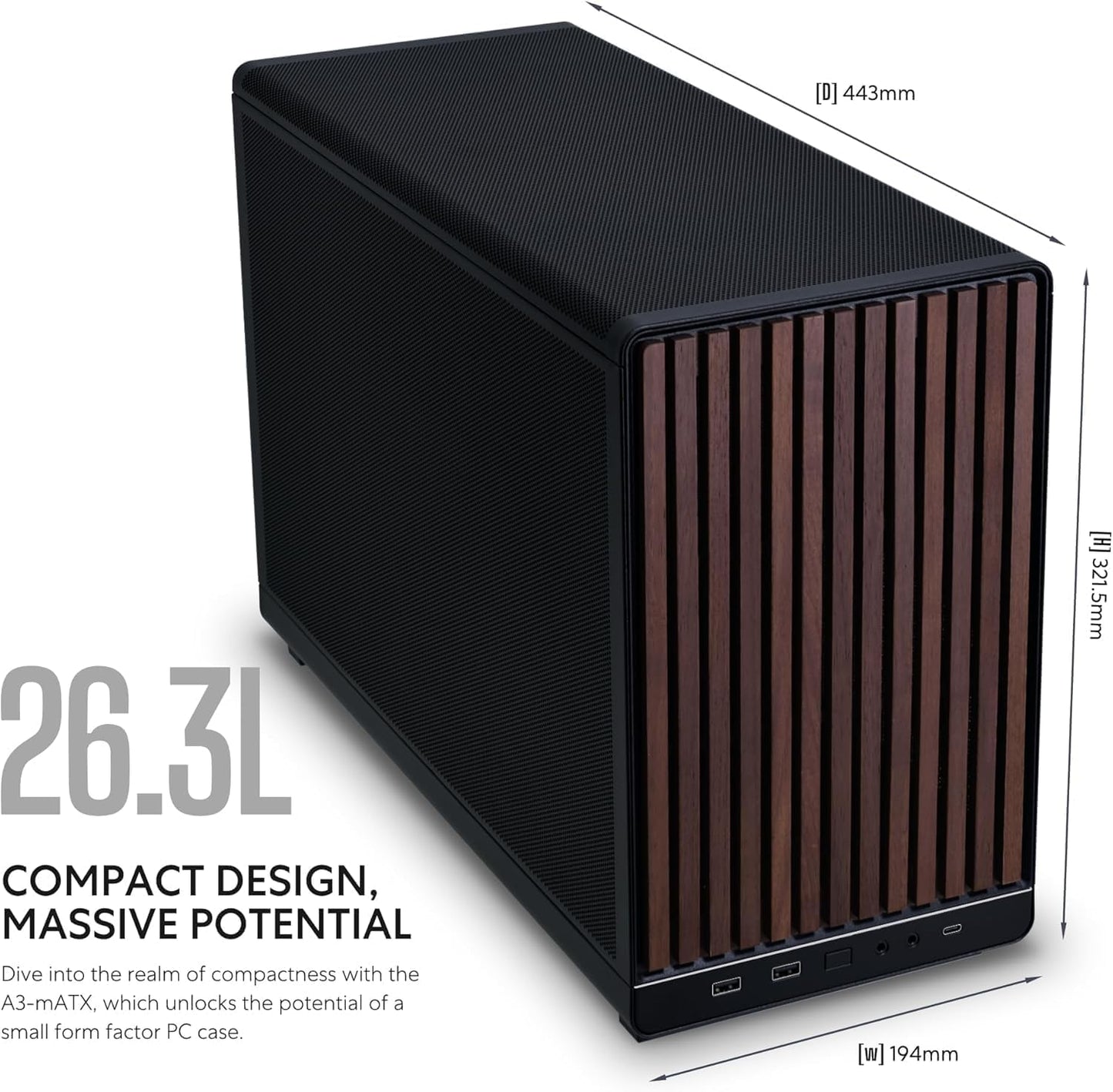 Lian Li A3-mATX-WD-26.3L Micro Form Factor Chassis-No Fans Included-Supports 360mm AIO-Modularity Design-for M-ATX, ITX Motherboard-DAN Cases Collaboration-Wood Front Panel-Black (A3X-WD) Lian Li